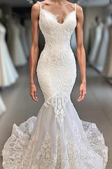 Classic Spaghetti Strap V neck White Sleeveless Mermaid Open Back Wedding Dresses with Chapel Train