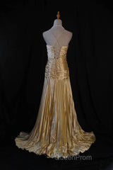 Classy A Line Halter Gold Satin Beads Long Evening Dresses Evening Prom Dresses
