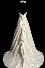 Classy A Line Halter Satin Ivory Long Wedding Dresses Bridal Dresses