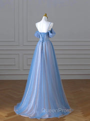 Classy A Line Spaghetti Straps Long Party Dresses Blue Evening Prom Dresses