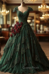Classy Ball Gown Short Sleeves Dark Green Lace Long Party Dresses Satin Evening Prom Dresses
