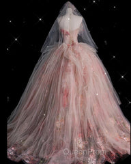 Classy Ball Gown Sweetheart Pink Floral Tulle Long Evening Dresses Evening Prom Dresses