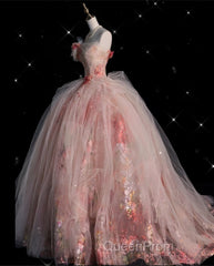Classy Ball Gown Sweetheart Pink Floral Tulle Long Evening Dresses Evening Prom Dresses