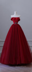 Classy Balll Gown Strapless Red Tulle Long Evening Dresses Evening Prom Dresses