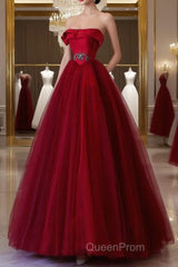 Classy Balll Gown Strapless Red Tulle Long Evening Dresses Evening Prom Dresses