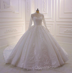 Classy Long A-line High Neck Appliques Lace Pearl Sequins Ruffles Wedding Dresses with Sleeves