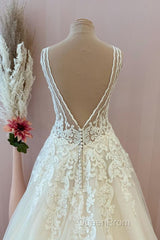 Classy Long A-Line Sweetheart Appliques Lace Tulle Backless Wedding Dresses