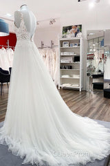 Classy Long A-line Tulle V Neck Sleeveless Lace Wedding Dresses