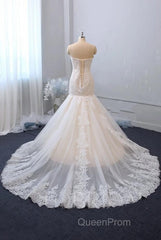 Classy Long Mermaid Sweetheart Backless Appliques Lace Tulle Wedding Dresses