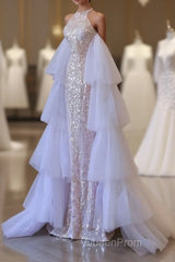 Classy Mermaid High Neckline Sequin Ruffles Long Evening Dresses Evening Prom Dresses