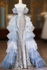 Classy Mermaid Off The Shoulder Neckline Sequin Ruffles Long Evening Dresses Evening Prom Dresses