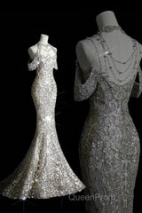 Classy Mermaid Off The Shoulder Silver Sequin Long Party Dresses Evening Prom Dresses