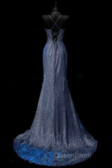 Classy Mermaid Spaghetti Straps Navy Blue Sequin Long Evening Gowns Evening Prom Dresses