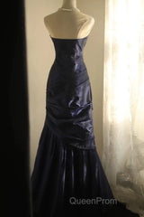 Classy Mermaid Strapless Navy Blue Organza Long Evening Gowns Evening Prom Dresses
