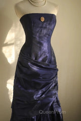 Classy Mermaid Strapless Navy Blue Organza Long Evening Gowns Evening Prom Dresses