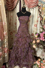 Classy Mermaid Strapless Ruffles Long Evening Dresses Evening Prom Dresses