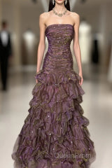 Classy Mermaid Strapless Ruffles Long Evening Dresses Evening Prom Dresses