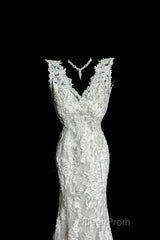 Classy Mermaid V Neckline Lace Ivory Long Wedding Dresses Bridal Dresses