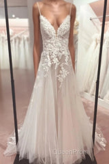 Classy V-Neck Spaghetti-Straps Sleeveless Long Lace Wedding Dresses Online