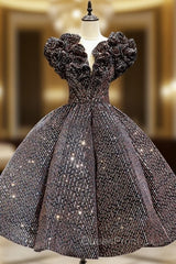 Coffee Ball Gown Sequins V-neck Short Tea Length Evening Prom Dresses