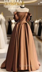 Coffee Satin Off the Shoulder Pleats Evening Prom Dresses