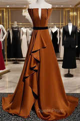 Coffee Satin Strapless Pleats Evening Prom Dresses With Split