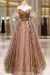 Coffee Tulle Sequins Puff Sleeve Beading Evening Prom Dresses