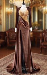 Coffee Velvet Long Sleeve Beading Evening Prom Dresses