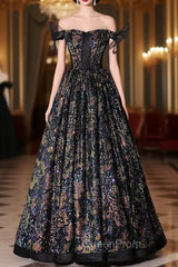 Colorful Black Sequins Off the Shoulder Evening Prom Dresses