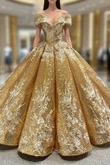 Come In a Wide Variety Of On-Trend Styles, Gold Ball Gown Sequins Off the Shoulder Appliques Evening Prom Dresses