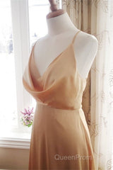 Cowl Neck Champagne Satin Bridesmaid Dresses With Slit