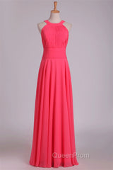 Crew Neck Watermelon Chiffon Long Bridesmaid Dresses