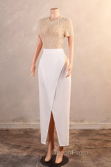 Crew Sheath Evening Prom Dresses Ankle-Length Zipper Beads Split Side Short Sleeve Evening Dresses