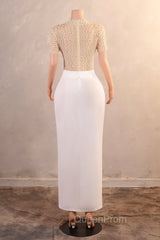 Crew Sheath Evening Prom Dresses Ankle-Length Zipper Beads Split Side Short Sleeve Evening Dresses