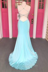 Criss Cross Straps Pool Blue Long Evening Dresses