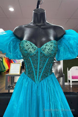 Blue Off-the-Shoulder Beaded A-line Tulle Long Prom Dress