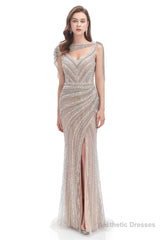 Crystal Beaded Mermaid High Slit Long Prom Dresses