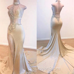 Crystal Halter Side Slit Evening Prom Dresses A-Line Backless Sleeveless Evening Dresses