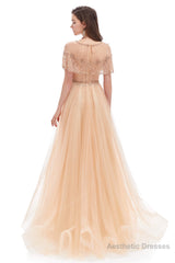 Crystal O-Neck Sleeveless A Line Tulle Prom Dresses