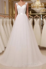 Custom Made A Line Round Neck Lace Tulle White Long Evening Prom Dresses, White Lace Formal Dresses, White Evening Dresses