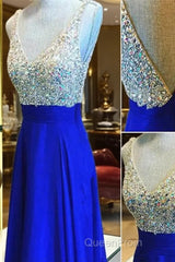 Custom Made A Line V Neck Backless Floor Length Royal Blue Evening Prom Dresses, Blue Formal Dresses, Blue Bridesmaid Dresses