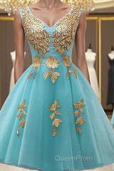 Custom Made A Line V Neck Light Blue Short Tulle Evening Prom Dresses, Short Bridesmaid Dresses, Homecoming Dresses, Graduation Dresses