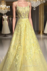 Custom Made Backless Yellow Lace Floral Long Evening Prom Dresses, Yellow Lace Formal Graduation Evening Dresses