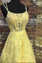 Custom Made Backless Yellow Lace Floral Long Evening Prom Dresses, Yellow Lace Formal Graduation Evening Dresses