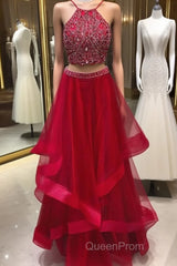 Custom Made Beaded Red Halter Two Piece Evening Prom Dresses ,Formal Dresses