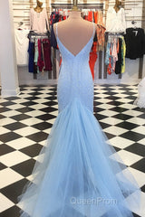 Custom Made Blue V Neck Mermaid Evening Prom Dresses, Mermaid Formal Dresses, Blue Evening Dresses