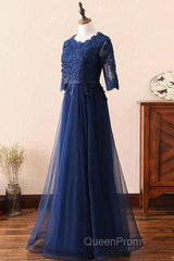 Custom Made Long Sleeves Navy Blue Lace Evening Prom Dresses, Long Sleeves Lace Bridesmaid Dresses, Long Sleeves Navy Blue Lace Formal Graduation Evening Dresses