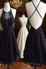 Custom Made Round Neck Backless Short Black Lace Evening Prom Dresses, Short Black Lace Formal Dresses