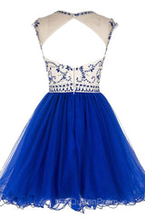 Custom Made Round Neck Cap Sleeves Beading Black Short Evening Prom Dresses Royal Blue Homecoming Dresses, Evening Dresses 2019