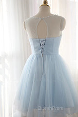 Custom Made Round Neck Short Blue Evening Prom Dresses, Short Blue Graduation Dresses, Homecoming Dresses, Blue Bridesmaid Dresses